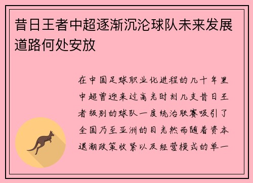 昔日王者中超逐渐沉沦球队未来发展道路何处安放