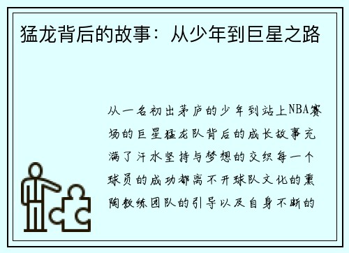 猛龙背后的故事：从少年到巨星之路