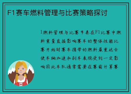 F1赛车燃料管理与比赛策略探讨