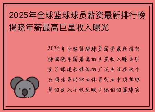2025年全球篮球球员薪资最新排行榜揭晓年薪最高巨星收入曝光